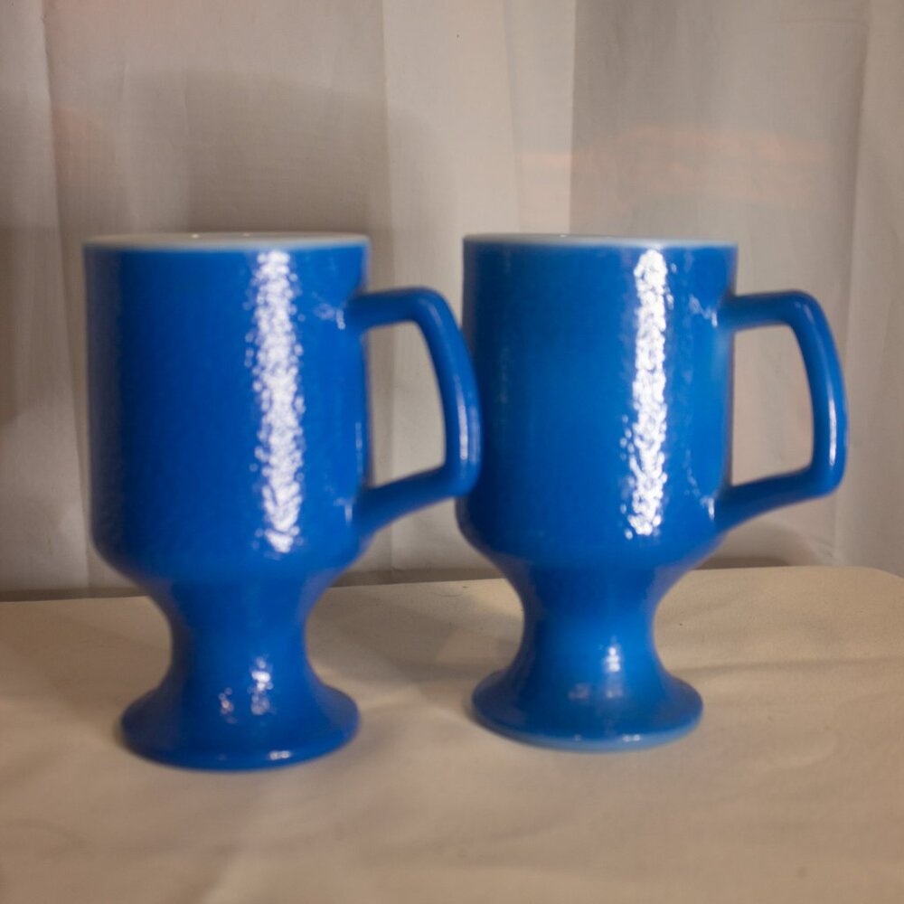 Vintage Blue Textured Milk Glass Pedestal Coffee Mug Cup 8 Ounces Set of Two